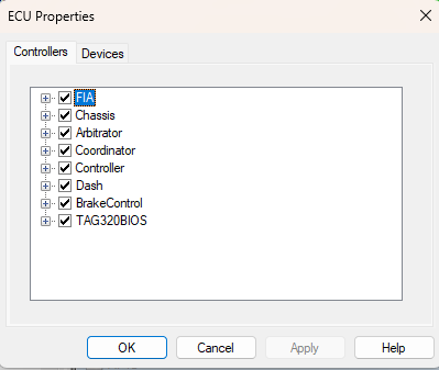 ECU Properties - Controllers Tab